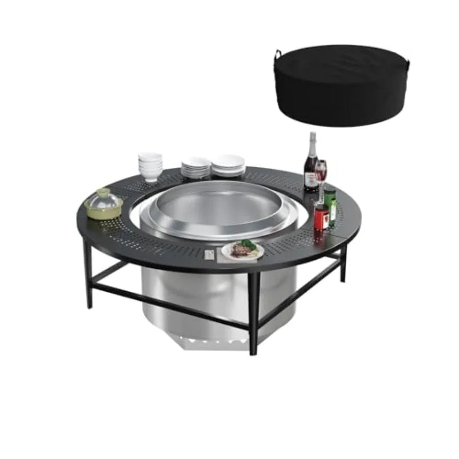 40 Round Outdoor Fire Pit Tabletop with Waterproof Cover for Wood-Burning Stoves Powder-Coated Steel Black Durable and Portable