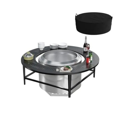 40 Round Outdoor Fire Pit Tabletop with Waterproof Cover for Wood-Burning Stoves Powder-Coated Steel Black Durable and Portable