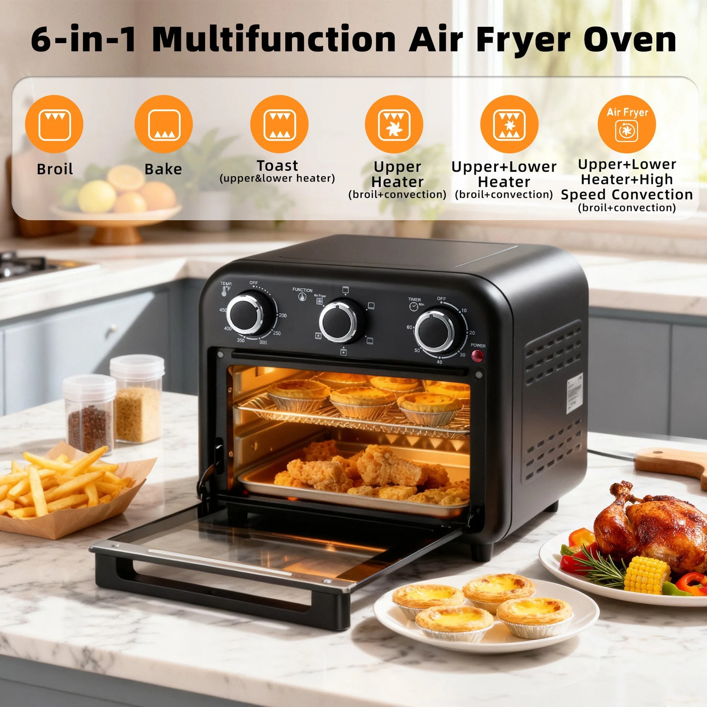 Deli 1300W 6-in-1 Air Fryer Toaster Oven, 13QT Convection Oven for Baking & Air Frying, Stainless Steel
