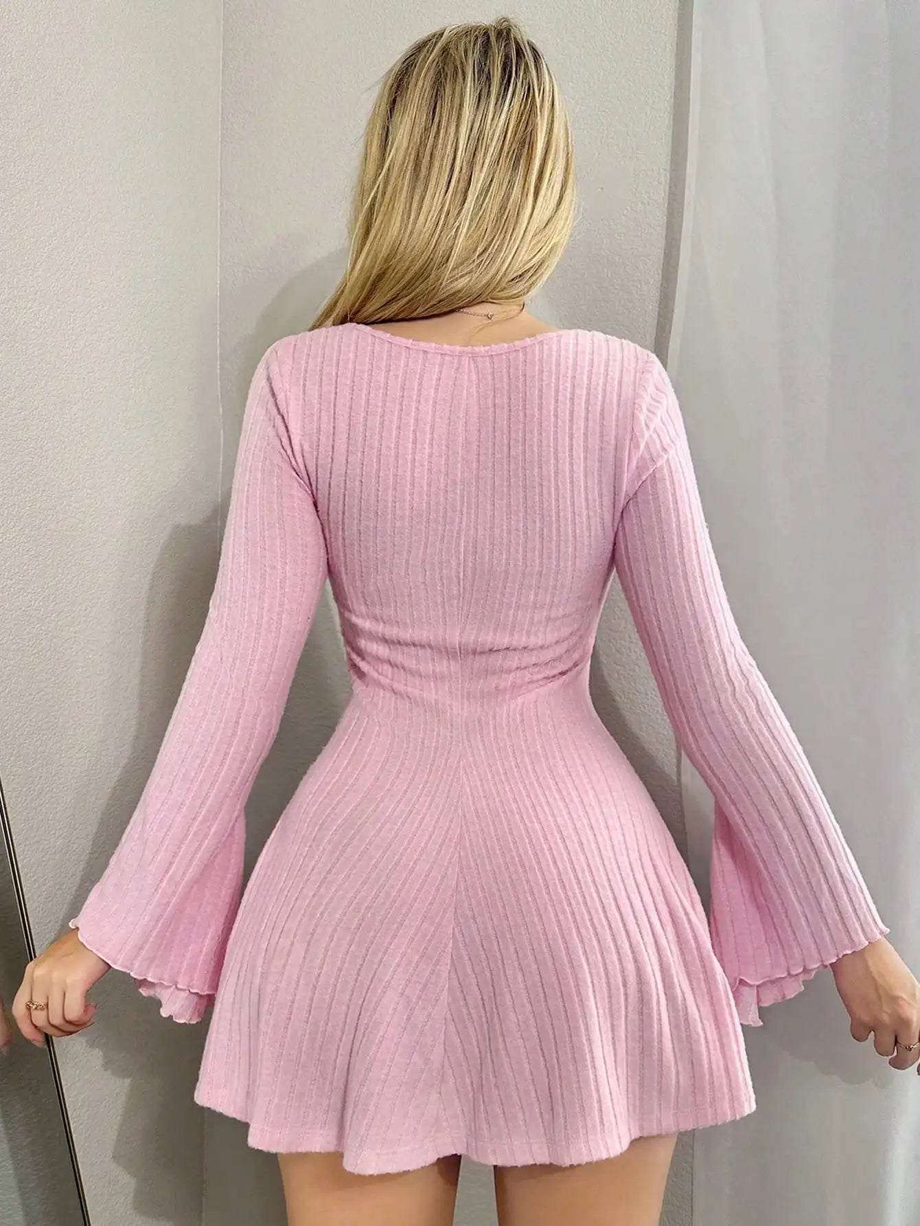 Solid Color Square Neck Flare Sleeve Mini Y2K Fall Women Long Sleeve Going Out Dress, Spring Autumn