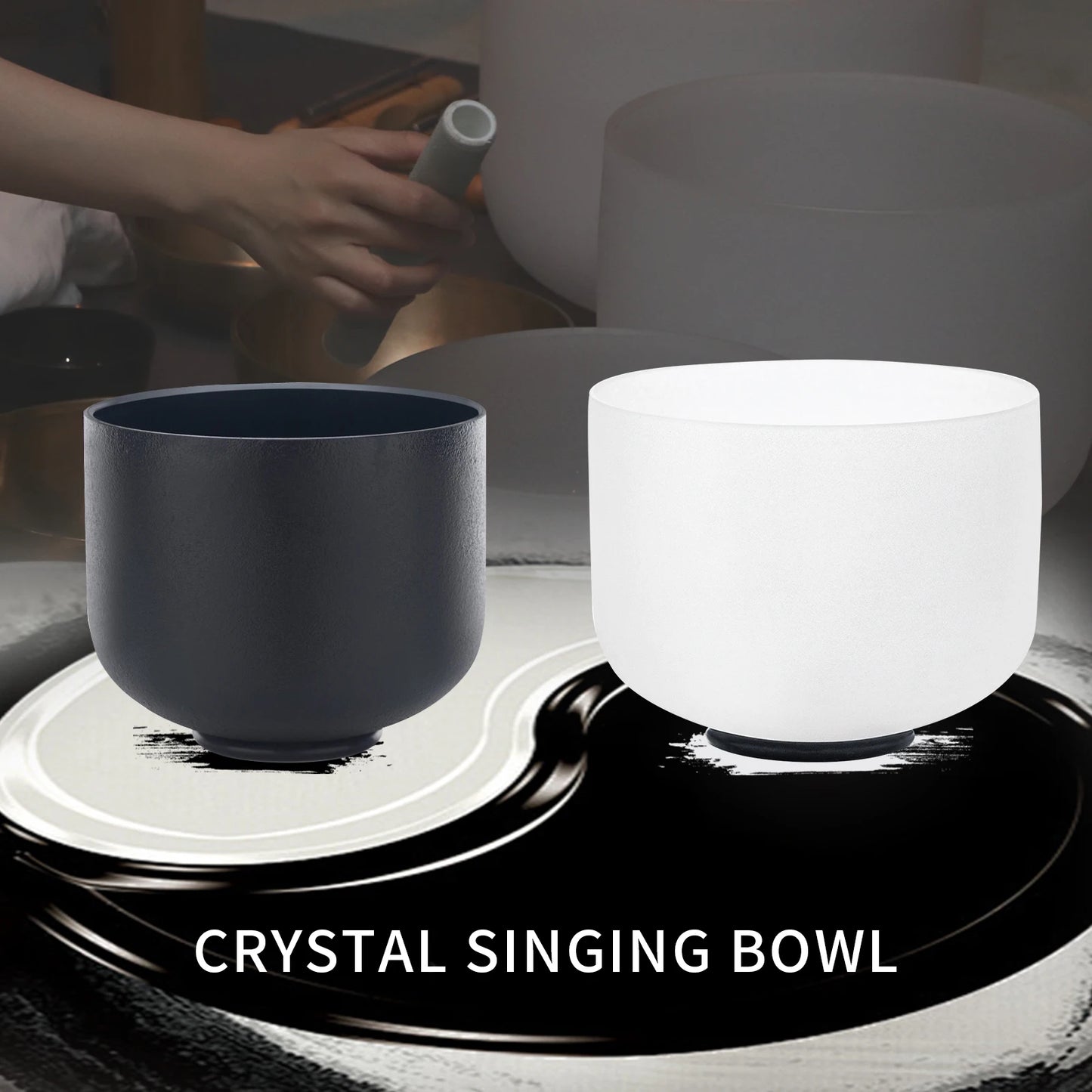 2 PCS Yin and Yang 432 Hz Crystal Singing Bowl Set 8"A Black and 10"F White Sound Meditation Mutual Attraction Chakra Bowls wit