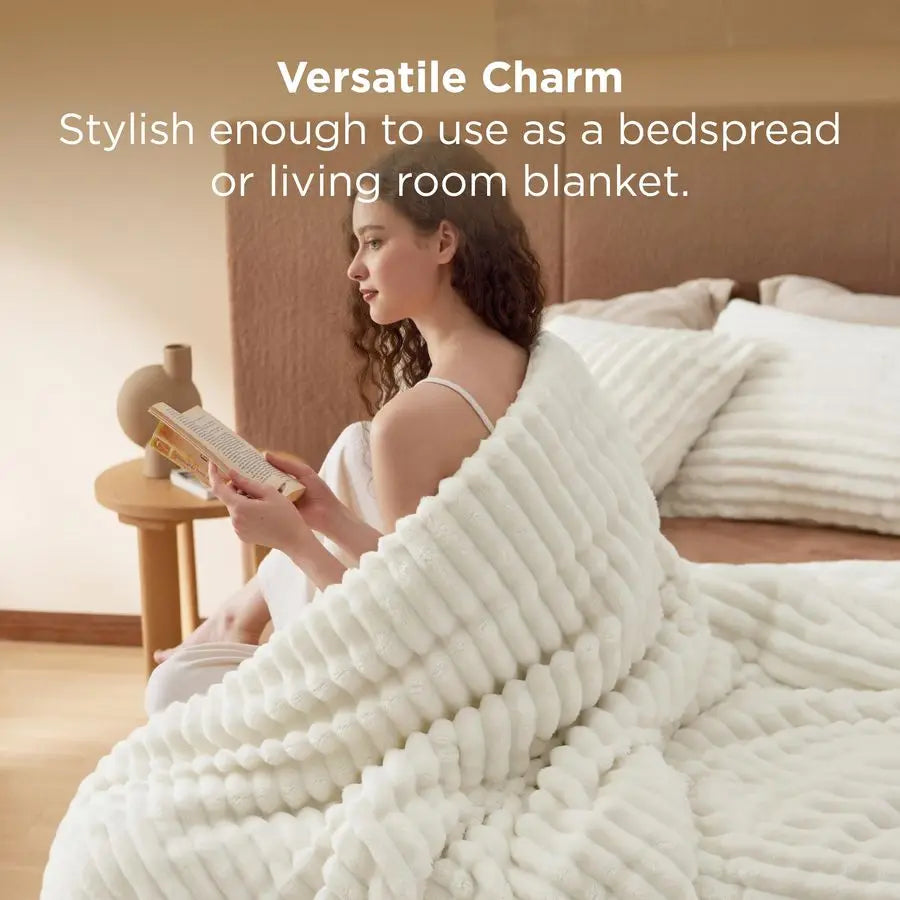 Fluffy Comforter Set Queen Super Soft Faux Fur Bed Set Cream White, Warm Plush Fleece Winter Bedding, 3 Pieces, 1 Shaggy Fuzzy A