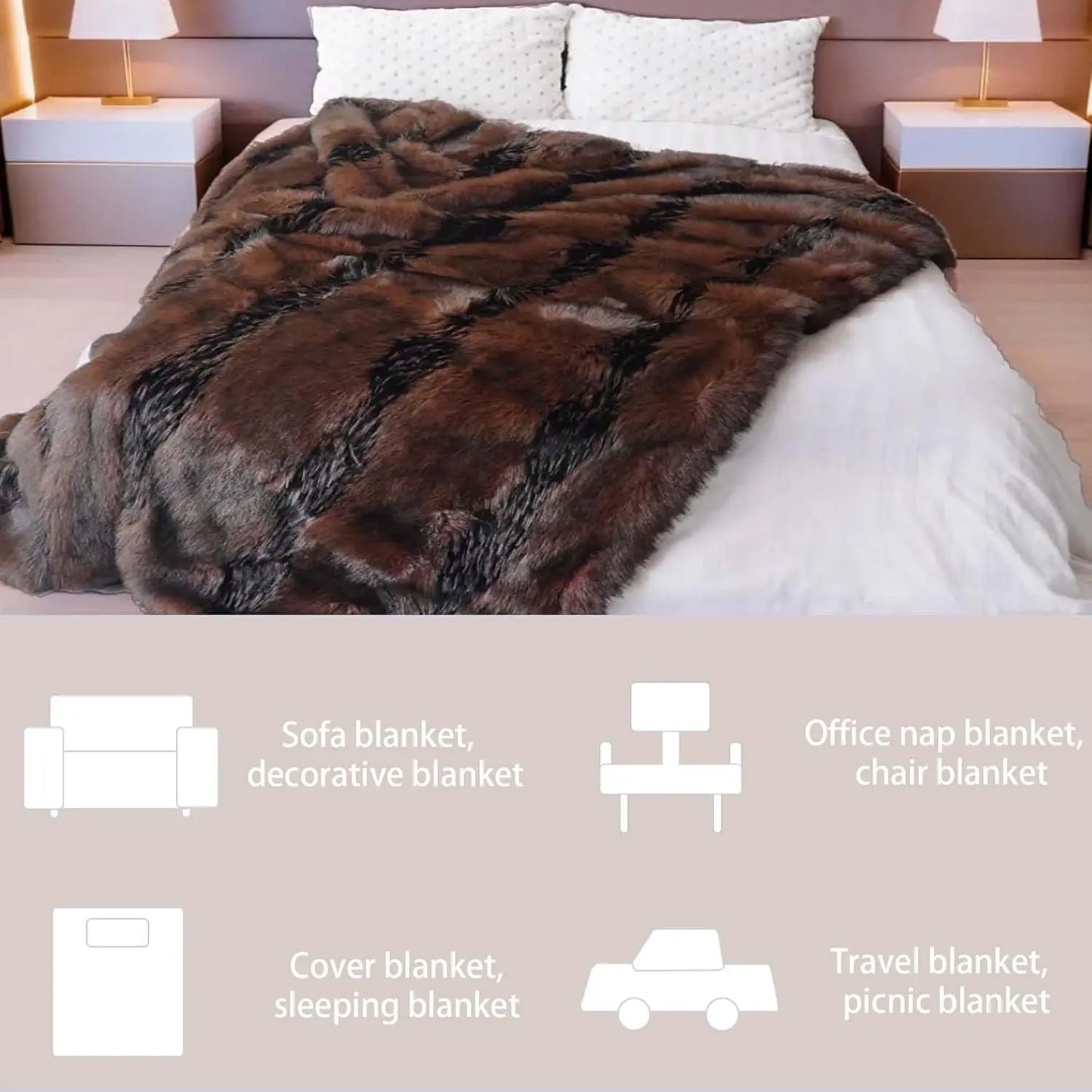 Luxury Faux Fox Fur Blanket 74x90 Brown Super Warm Cozy Fluffy Throw for Sofa Bed Washable