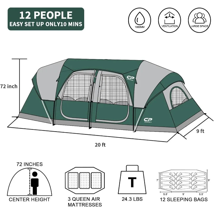 Tent 12PersonCampingTents3 Room Family Tents Waterproof Windproof Family Tent with Top Rainfly 6 Large Mesh Windows Double Laye