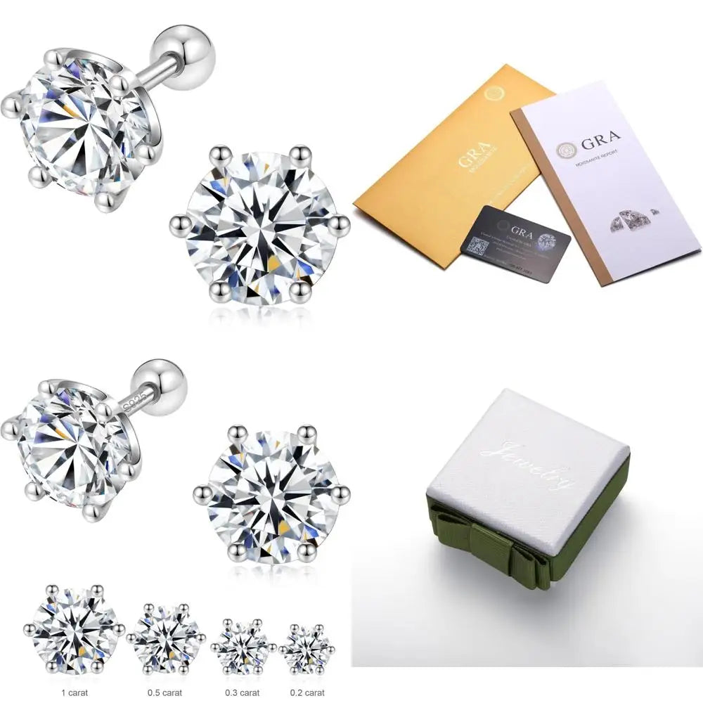 Moissanite Stud Earrings for Women and Men - GRA Certified Platinum Plated Sterling Silver Hypoallergenic Flat Back Earrings