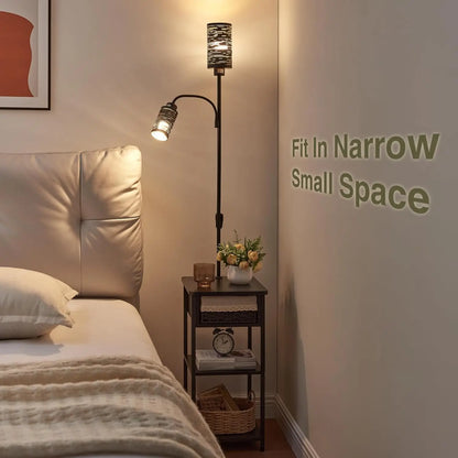 Floor Lamp with End Table, Wicker Drawer & Shelf, 2 Bulbs Included, Small Space Nightstand for Bedroom, Living Room