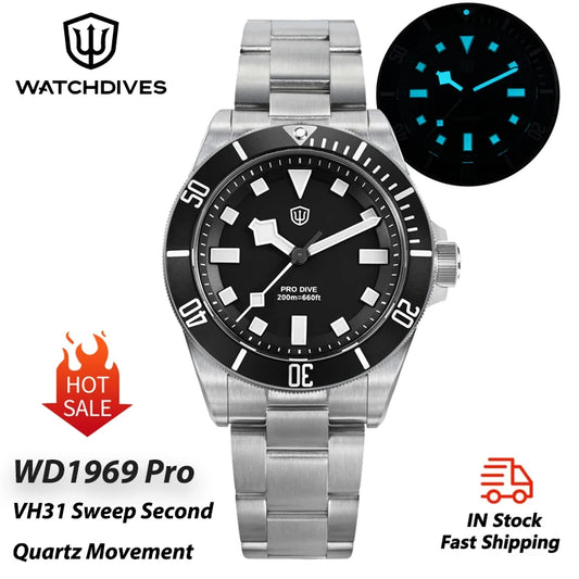 Watchdives WD1969 Pro Dive Watch VH31 Sweep Seconds Quartz Movement BGW9 Luminous Sapphire 20Bar Waterproof Men's Wristwatch