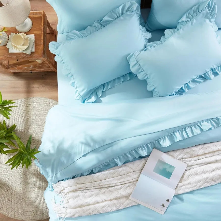 Queen Bed in a Bag 7 Piece Blue Shabby Chic All Season Ruffle Bedding Set with Comforter Pillow Shams Pillowcases Flat Sheet Fi