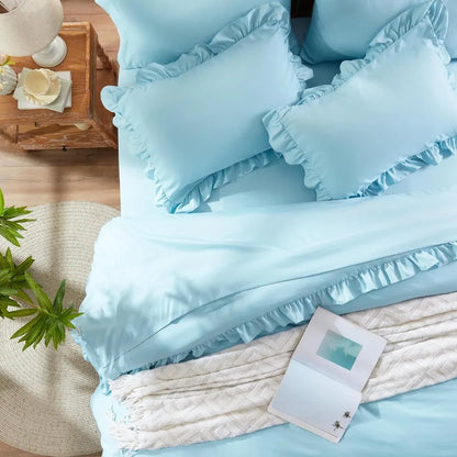 Queen Bed in a Bag 7 Piece Blue Shabby Chic All Season Ruffle Bedding Set with Comforter Pillow Shams Pillowcases Flat Sheet Fi