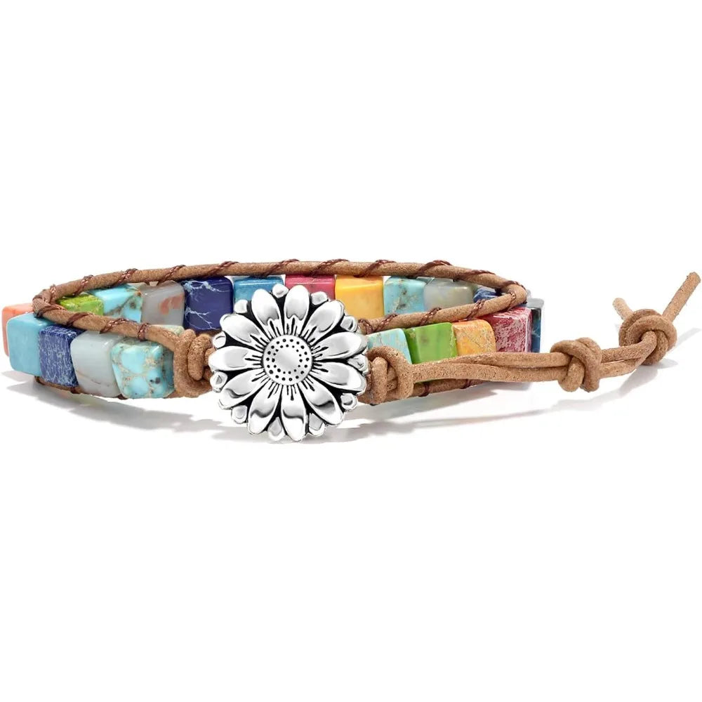 7 Chakra Leather Wrap Bracelet for Women Men with Natural Stone Beads Boho Unisex Jewelry Gift