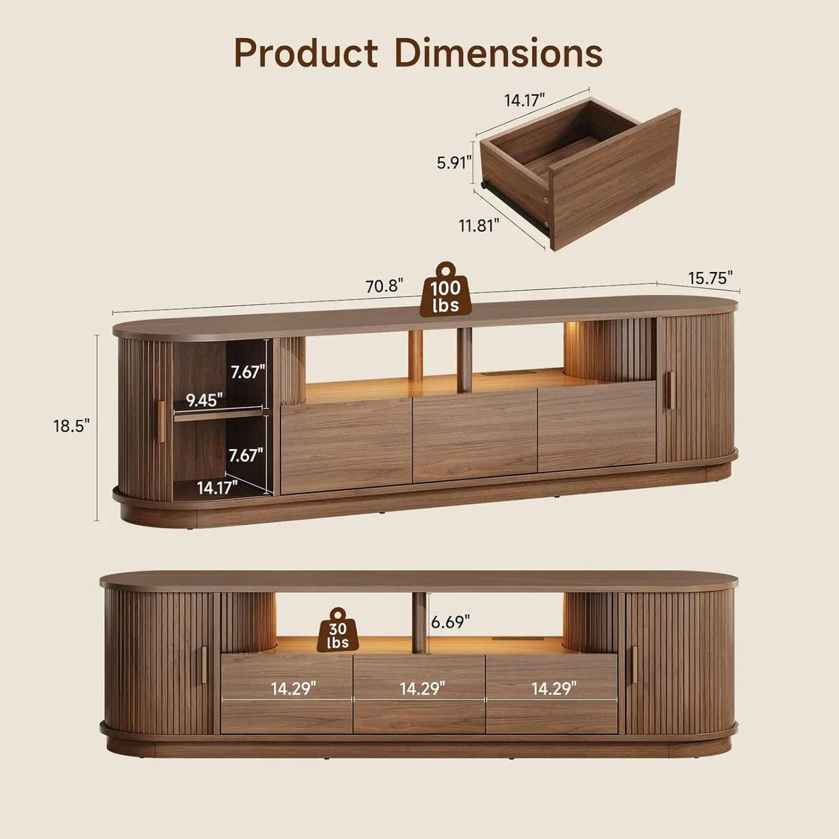 71" TV Stand with Power Outlet, 3 RGB LED Lights, for 85" TVs - 3-Drawer Mid Century Modern Entertainment Unit w/ Adjustable Shelf & Sliding Door Cabinet