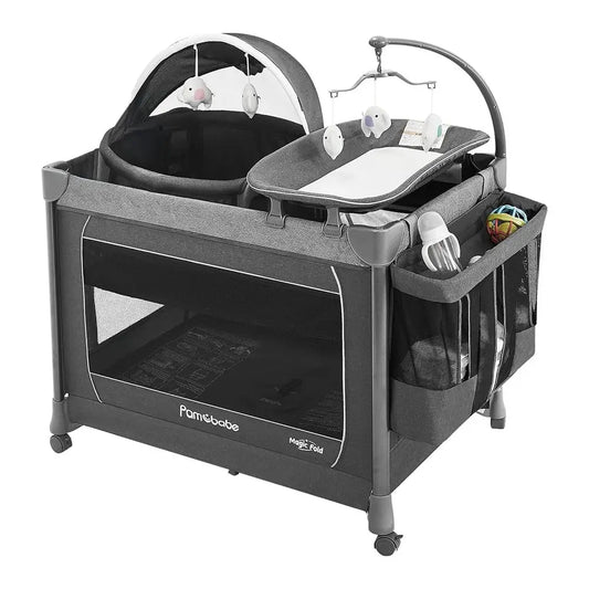 Portable 5-in-1 Baby Playard with Steel Frame, Zippered Door, Changing Table, Locking Wheels, and Breathable Mesh