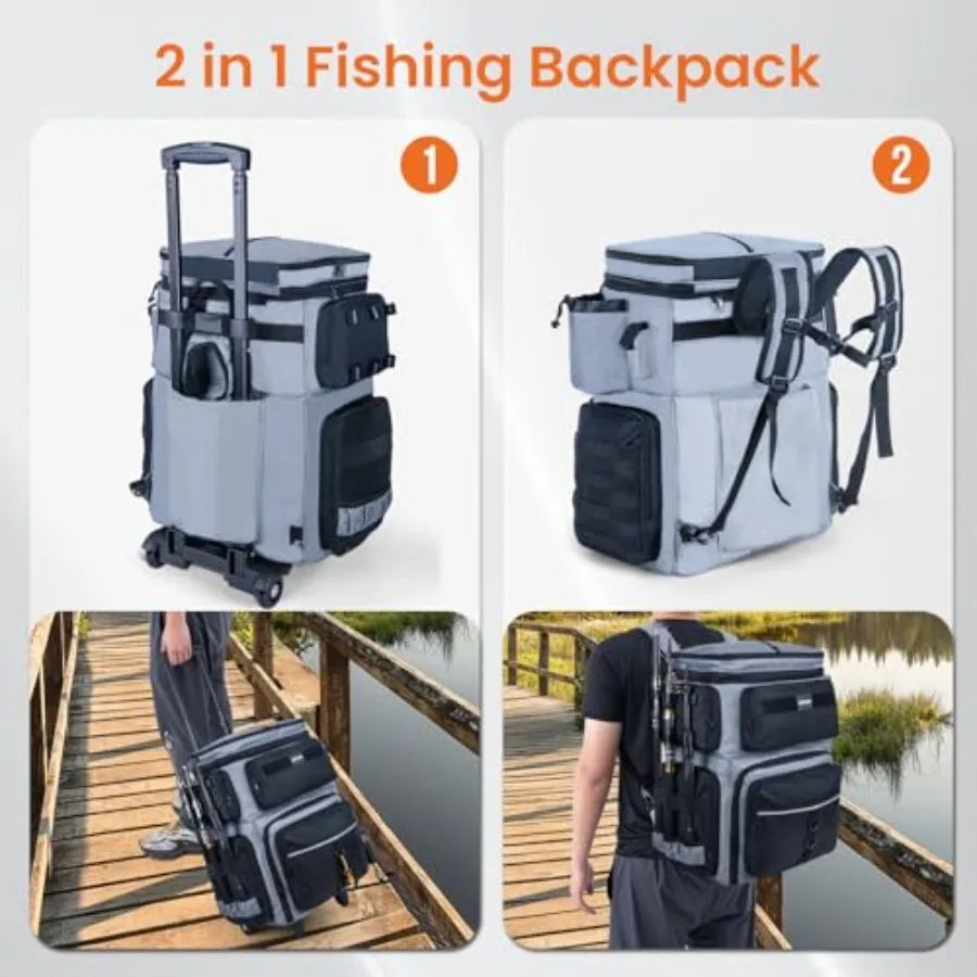 66L Rolling Tackle Box with Cooler Gray Large Fishing Bag with Wheels for 5 3700 Trays Trays Not Included Saltwater Resistant T