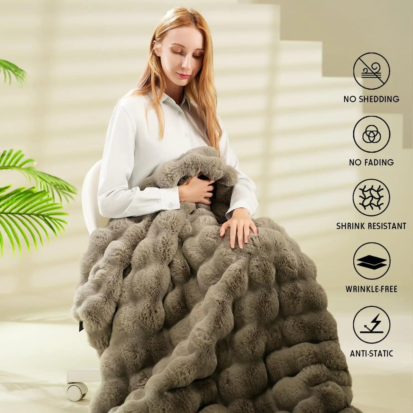Oversized Warm Thick Bubble Plush Faux Fur Throw Blanket, Soft Cozy for Couch Bed Living Room (Grey, 75x90in)
