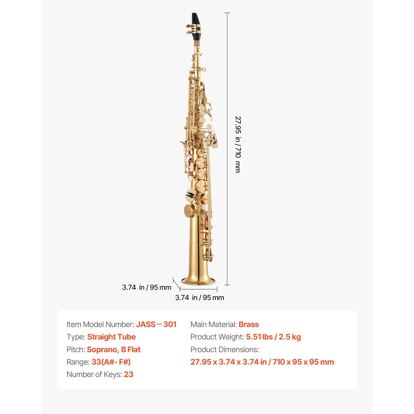 SucceBuy Straight Soprano Brass Saxophone B Flat 23 Keys, Mouthpiece, Cleaning Cloth Rod, Gloves, Neck Strap, kit for Beginners