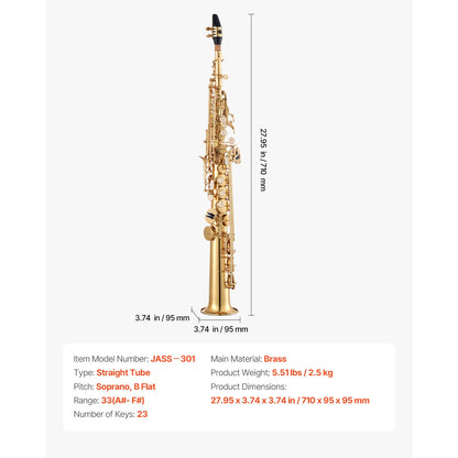 SucceBuy Straight Soprano Brass Saxophone B Flat 23 Keys, Mouthpiece, Cleaning Cloth Rod, Gloves, Neck Strap, kit for Beginners