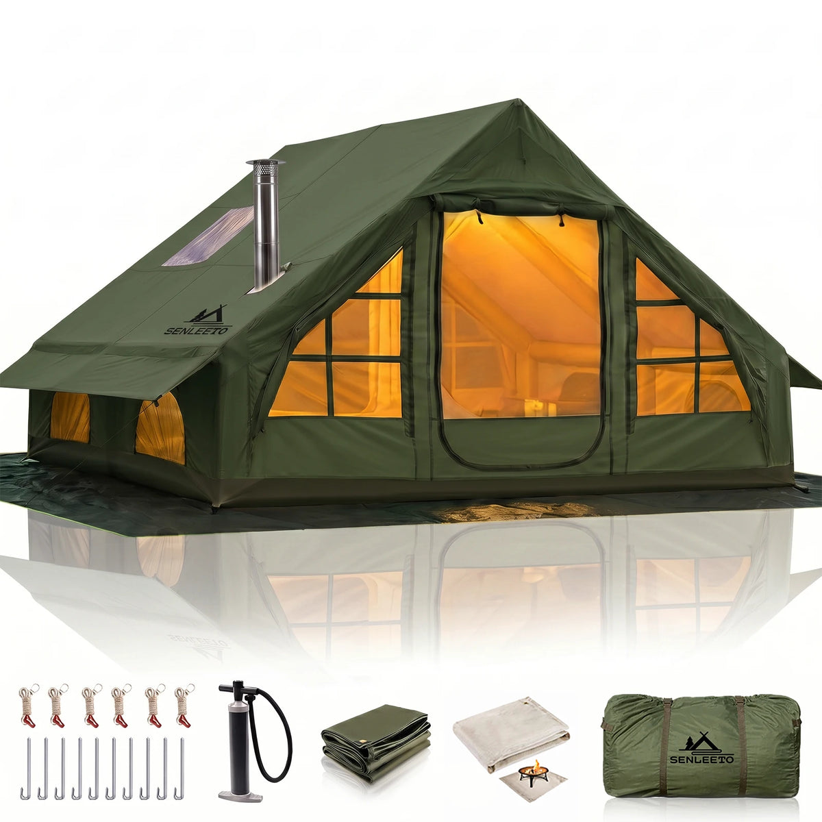 SENLEETO 129 Square Feet Inflatable Glamping Tent 4-8 Person for Camping with Waterproof Mat,4 Season Blow up Tent with Stove Jack&AC Vent,Easy Setup Air Tent with High Pressure Pump