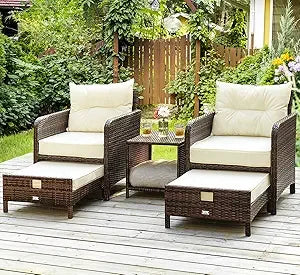 5 Pieces Patio Furniture Set, Rattan Balcony Furniture with Ottomans, PE Wicker Outdoor Patio Chairs Set with Coffee Table for