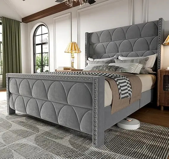 Queen Size Bed Frame with 56" Headboard - 1000LBS Capacity Support, Velvet Upholstered Wingback Platform Bed Frame, Noise Free,