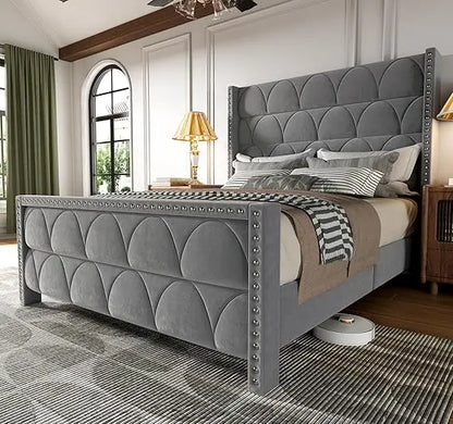Queen Size Bed Frame with 56" Headboard - 1000LBS Capacity Support, Velvet Upholstered Wingback Platform Bed Frame, Noise Free,