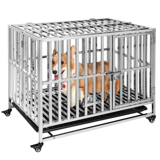 37 Inch Steel Tube Metal Pet Dog Crate with Tray Feeding Bowl Dog Crate Cage Kennel for High-Anxiety and Extra Large Dogs