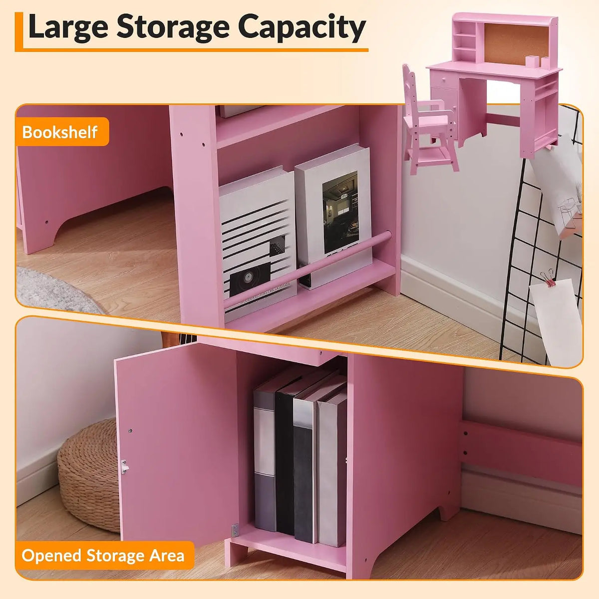 Kids Desk and Chair Set, Wooden Study Table with Bookshelf, Bulletin Board, Storage Shelf, Cabinet & Drawer, Homework Writing Desk for Ages 3-8, Pink