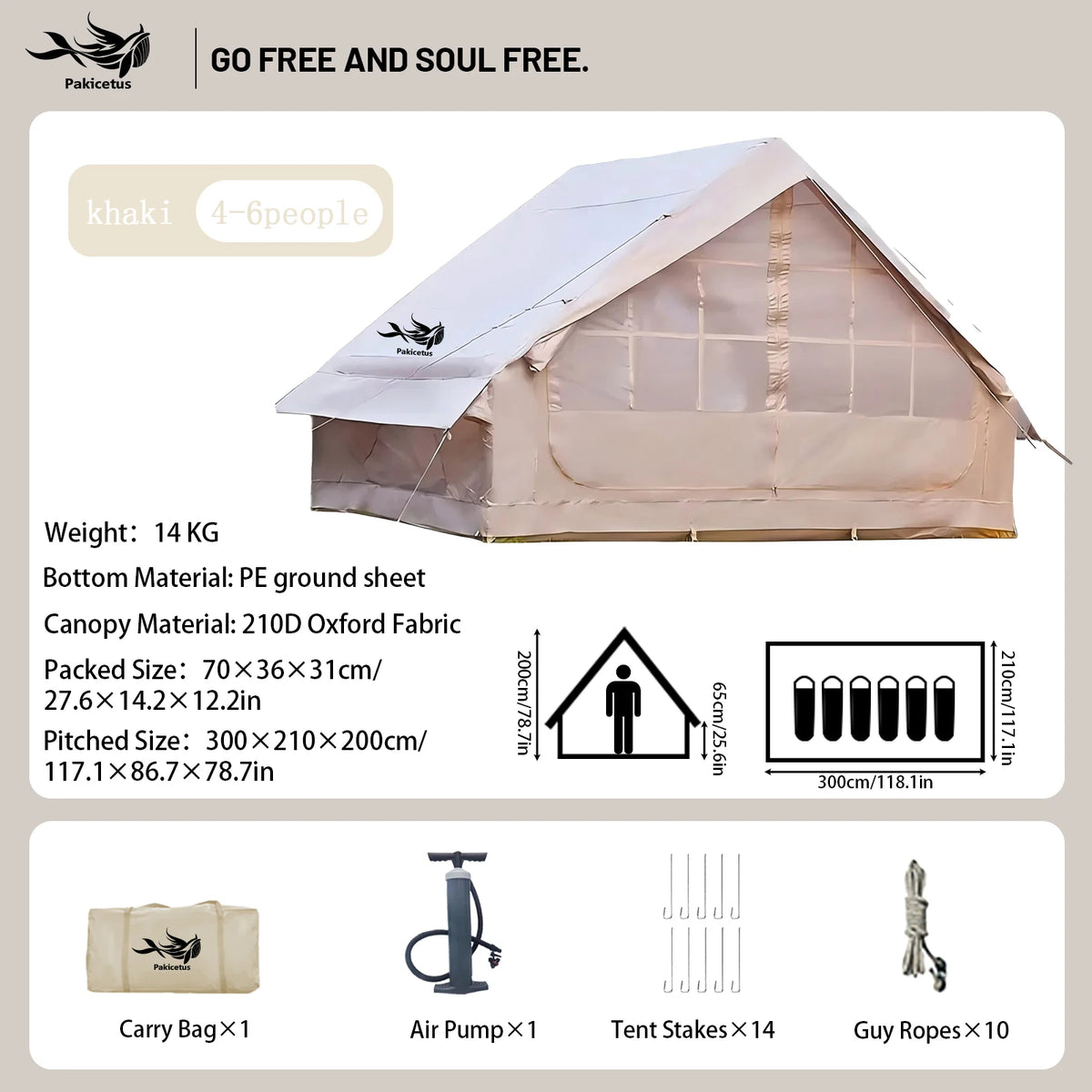 PAKICETUS Luxury Inflatable Glamping Tent 4 Season Anti-Snow Spacious Air Tent with Manual Hand Pump, Easy Setup Polyester Fiber Shelter for Outdoor Camping & Backyard Activities