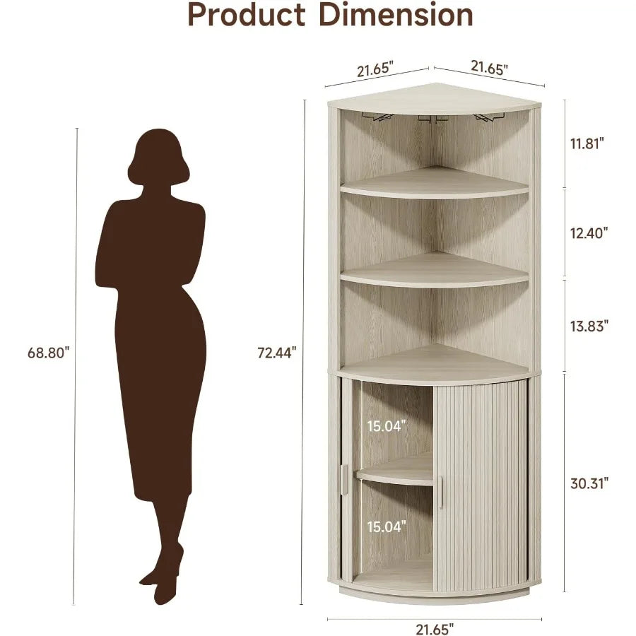 72" Tall Corner Bar Cabinet with LED Light, Liquor Cabinets, White
