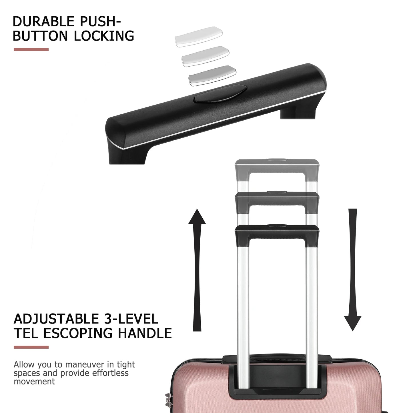 3-PC Champagne ABS Luggage Set w/Ergo Handle & Smooth-Zipper, 360° Spinner Wheels Trolley Cases - Lightweight Travel Suitcases