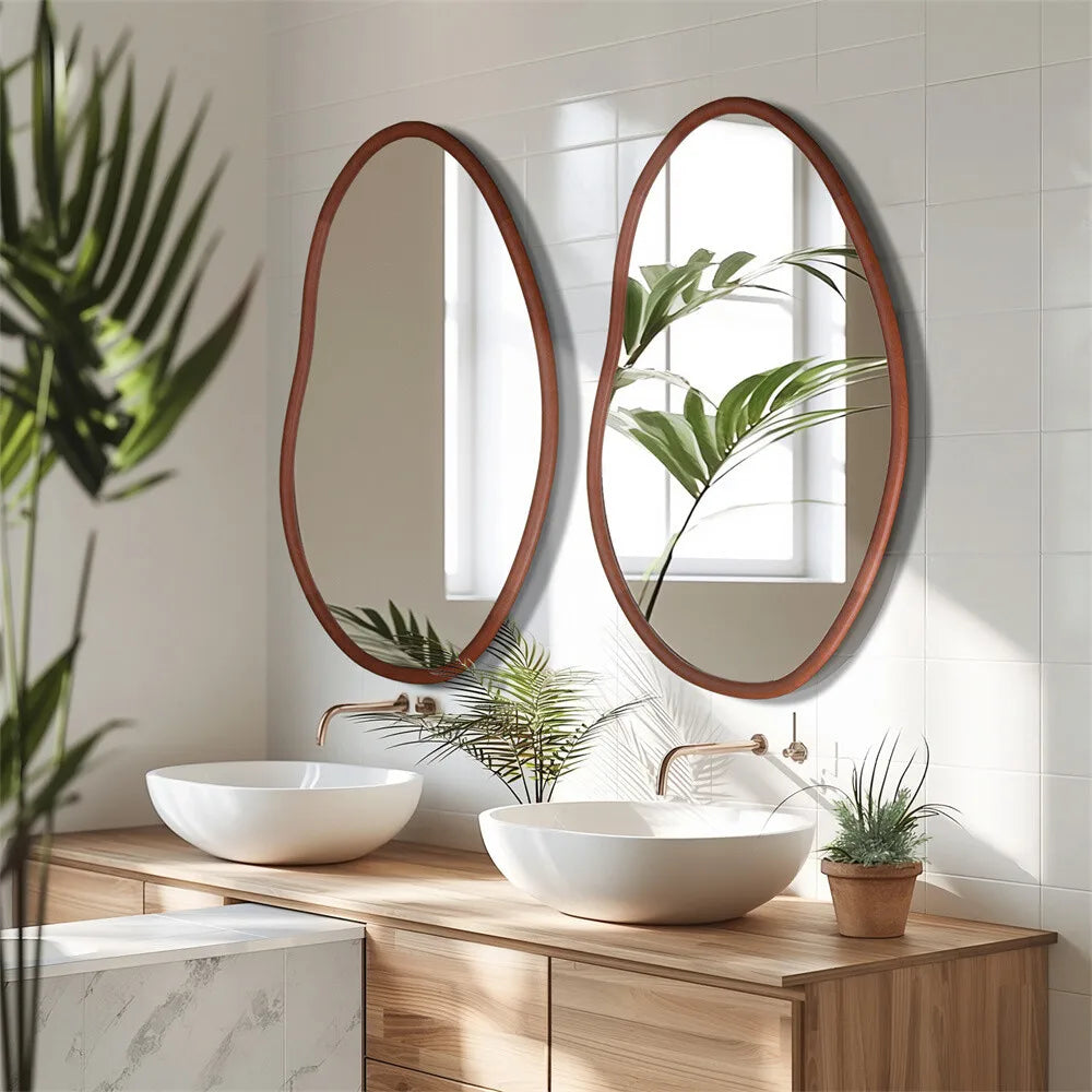 Large Irregular Wooden Framed Wall Mirror Asymmetrical Unique Hanging Loft Style