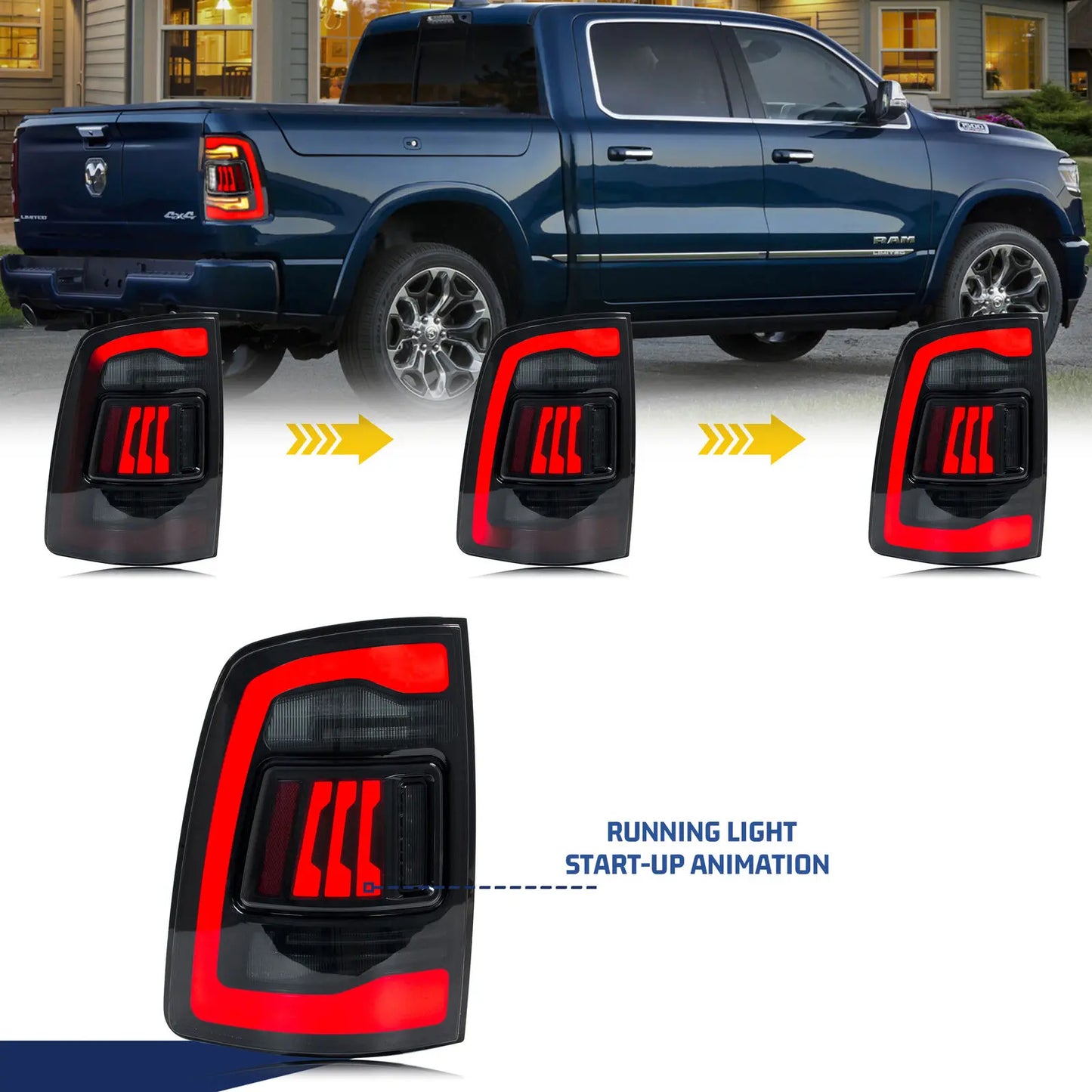 LED Tail Lights Assembly for Dodge Ram 1500 2500 3500 2009-2018 4th Gen Sequential Blinker Dynamic Animation Black Rear Lamps