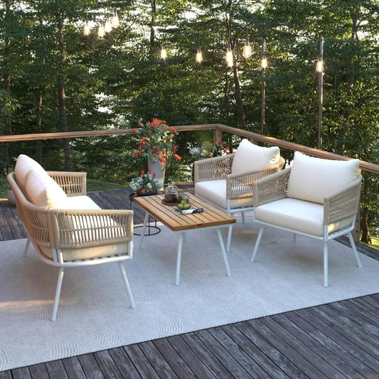 4Piece Boho Rope Outdoor Patio Furniture Set with Acacia Wood Table for Backyard Porch Balcony Beige Stylish and Durable Rattan