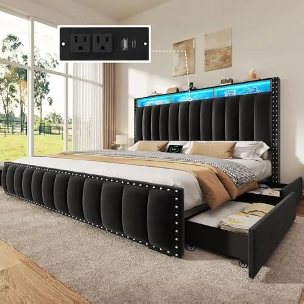 LED Full-KING Size Bed Frame with 4 Storage Drawers, Velvet Upholstered Platform Bed & Charging Station and Storage Headboard