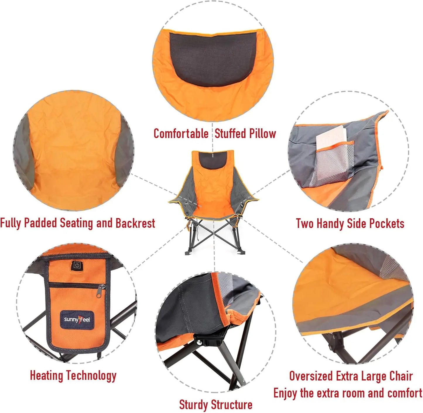 Heated Oversized Rocking Camping Chair, 500 LBS Folding Patio Recliner, Portable Outdoor Camp Rocker