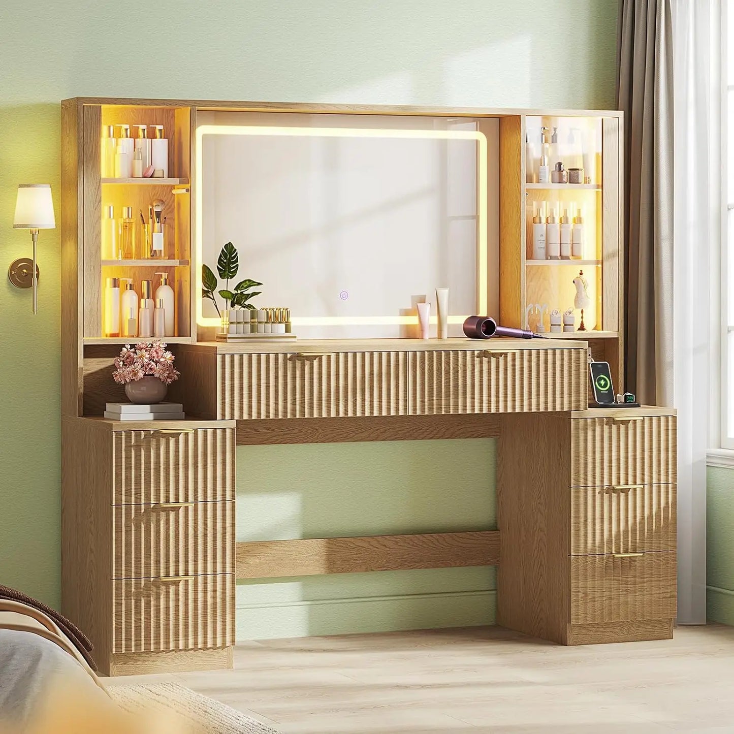 Fluted Wood Makeup Vanity Desk with Mirror and Sound Sync LED Lights, Large Vanity Dressing Table, Drawers, Glass Cabinets