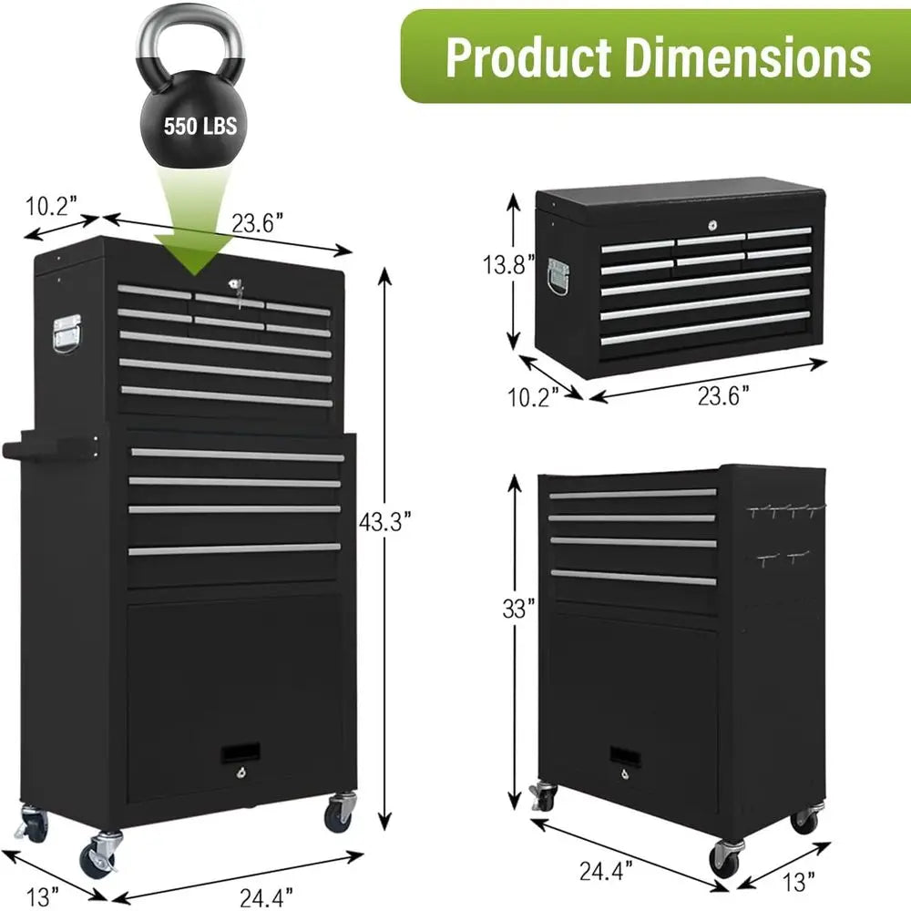 2-in-1 Rolling Tool Chest with Lockable Metal Cabinet, Detachable Drawers, and Wheels for Garage Workshop (Black)