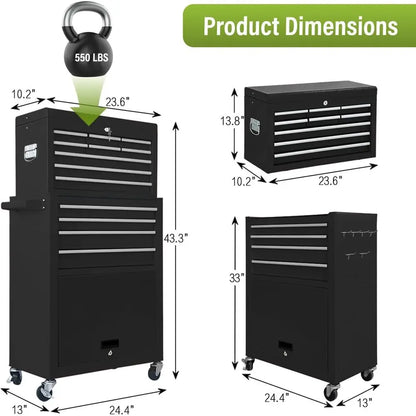 2-in-1 Rolling Tool Chest with Lockable Metal Cabinet, Detachable Drawers, and Wheels for Garage Workshop (Black)