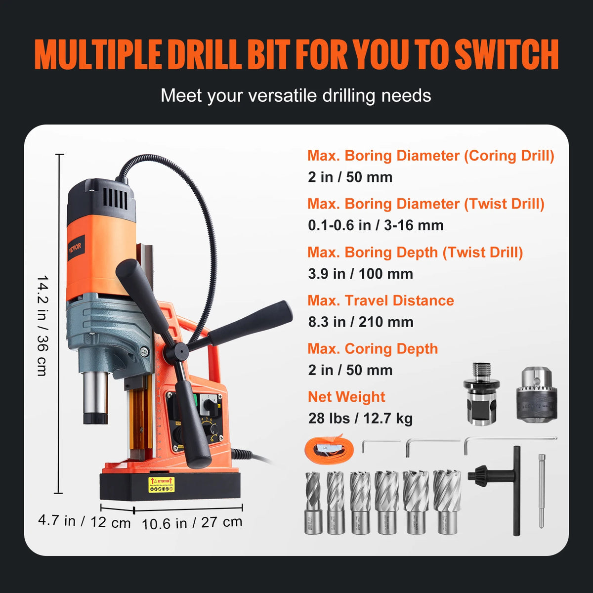 SucceBuy 1300/1550W Drilling Machine Magnetic Drill Portable Electric Mag Drill Press 0-500 RPM Variable Speed for Metal Surface