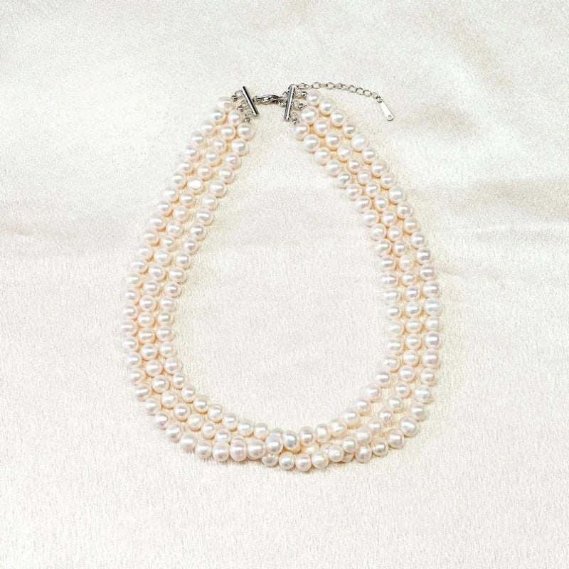 MYSOYA Classic White Freshwater Pearl Three-layer Necklace 6-7mm With Gift Box Birthday/ Wedding Gift For Her Christmas/New Year
