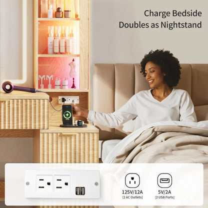 Fluted Wood Makeup Vanity Desk with Mirror and Sound Sync LED Lights, Large Vanity Dressing Table, Drawers, Glass Cabinets