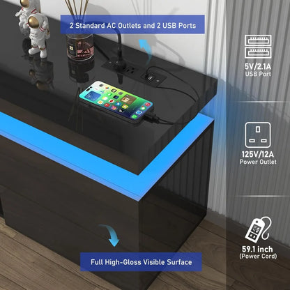 Modern 85 Inch LED TV Stand with Built-in Power Outlet and High Gloss Entertainment Center Featuring Storage and LED Lighting