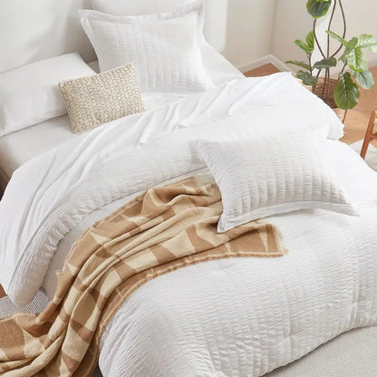 Queen Comforter Set White Seersucker 7 Pieces Bed in a Bag Queen Comforter Set with Sheets, Luxury Soft Bedding Set with Down Al
