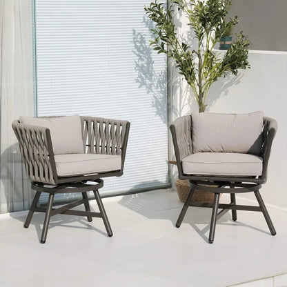 Swivel Rope Wicker Chairs Set of 2, Patio Dining Chairs with Cushions, Wicker Armchairs Frame, Outdoor Modern Style