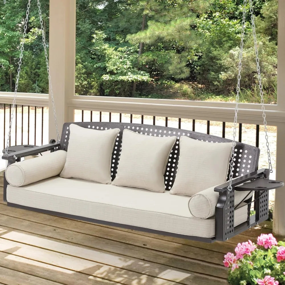 Three Porch Swing Chairs, A Terrace Swing Bench with Cup Holders and Three Cushions, with Chains