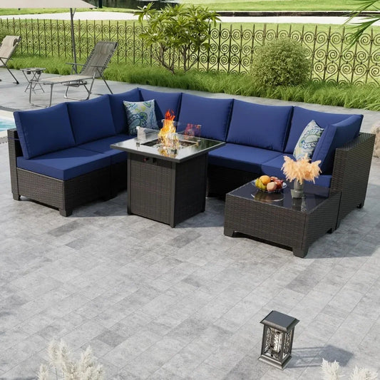 8-Piece Outdoor Patio Furniture Set with Fire Pit Table 28' Wicker Sectional Sofa Conversation Set with Cushions for Garden