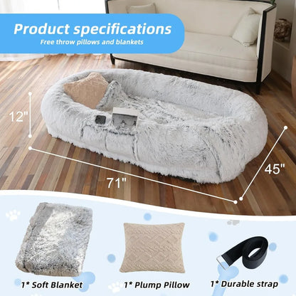 Dog Bed - 71x45x12 Fits You & Pets, Washable Faux Fur, Orthopedic, Plump Pillow, Blanket, Strap - Grey