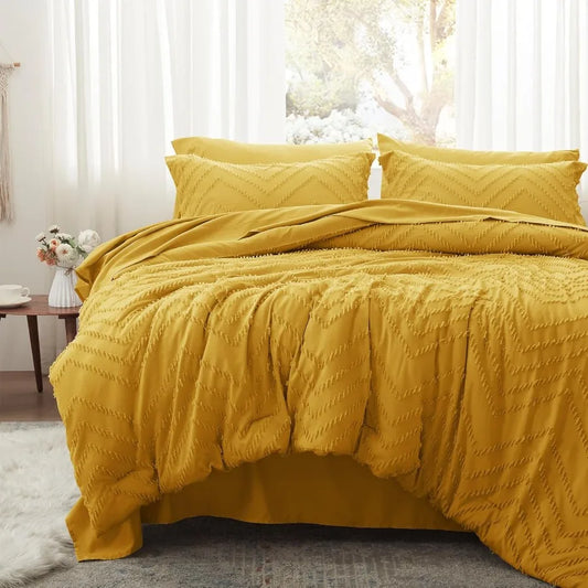 Queen Comforter Set Mustard Yellow Tufted Bed in a Bag 7 Pieces with Sheets All Season Bedding Sets 1 Comforter 2 PillowShams P