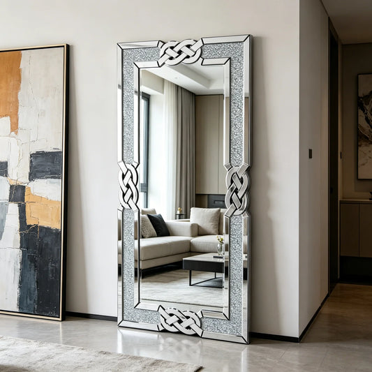 120CM Rectangle Crystal Crush Diamond Silver Mirror for Wall Decoration Crystal Diamonds Inlay Edge Living Room Above Fireplace
