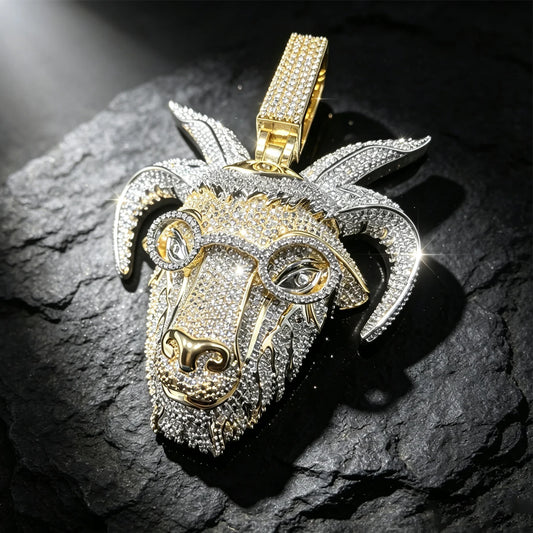 Hip Hop Goat Head With Glasses Pendant Micro Paved Shiny Men Streetwear Rap Accessory Luxury Bling Trendy Icy Gift Full Diamond Fine Jewelry Gifts for Men Boy Friends Rapper 3D Iced Out Goat Pendant Two-Tone 18K Gold Plated C