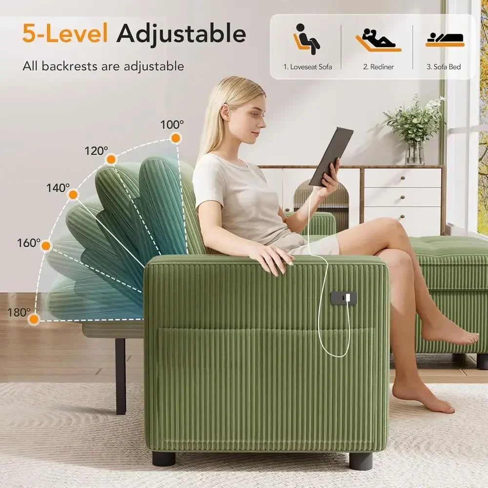 Green L-Shaped Corduroy Sectional Sleeper Sofa with Reclining Backrest, Storage, and USB Charging